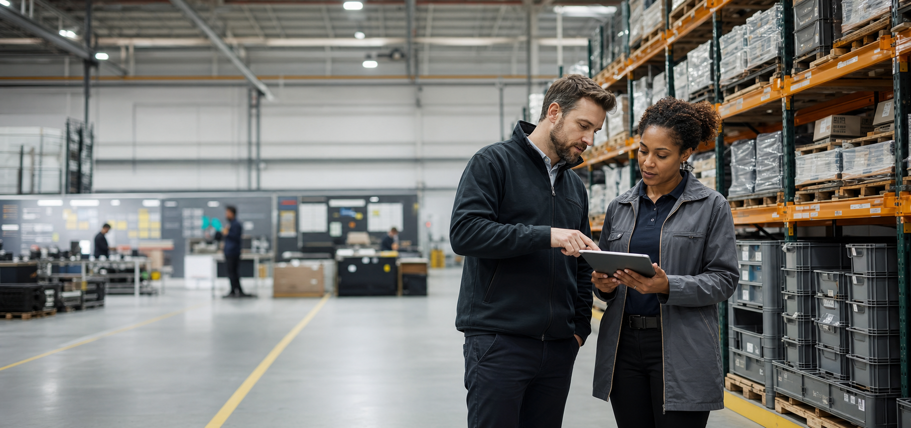 Industrial operations team reviewing workflow data in a manufacturing and warehouse environment